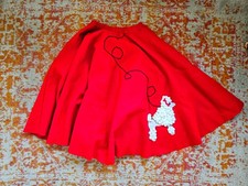Title Vintage Handmade Red Poodle Skirt, White Pom-Pom Appliqu , 1950s L/XL