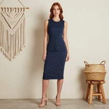 Minimalist Maxi Dress Blue Linen Pencil Round Neck Sleeveless Zip Coastal US 6