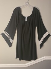 Boutique BTogether Black Solid Tunic Top Scoop Neck Lace trim bell Sleeve L
