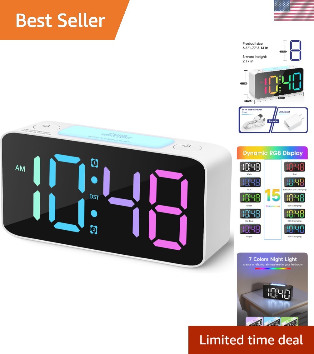 Stylish Digital Alarm Clock with Adjustable Volume & Color Night Light Feature