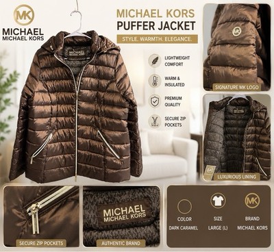 Michael Kors Women's Hooded Puffer Jacket Full Zip Dark Caramel L