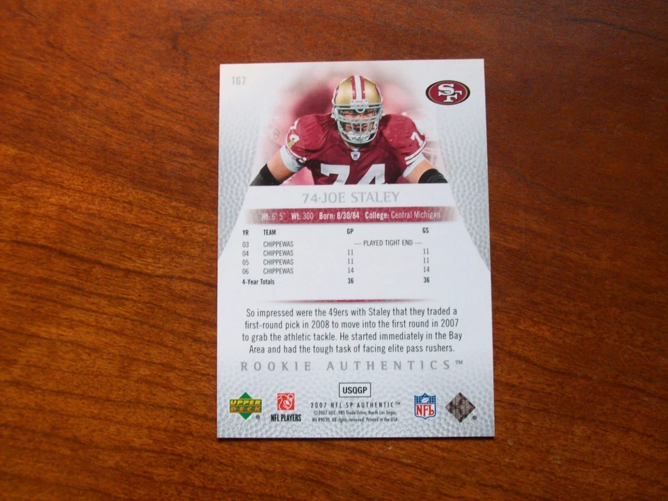 2007 SP Authentic Rookie Authentics /999 Joe Staley #167 Rookie / Rc - Image 2 of 2