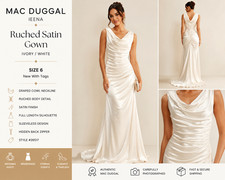Mac Duggal Ieena Ivory Satin Ruched Maxi Dress Size 6 Formal Wedding Guest Gown