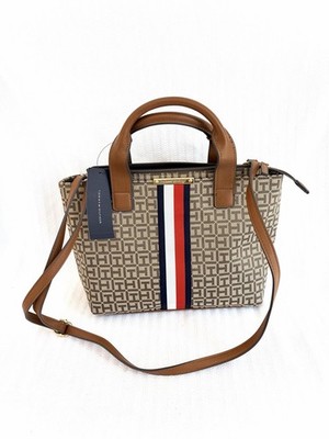 Tommy Hilfiger Beige Brown Monogram Tote Bag with Striped Accent & Gold Hardware