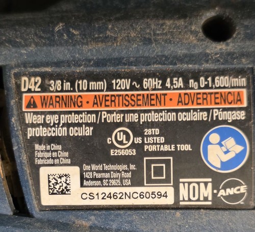 Ryobi D42 3/8" Corded Drill 4.5A 120V GripZone w/ Carry Case – Works - Picture 6 of 8