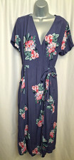Joules Callie Print Wrap Midi Dress Floral Blue Short sleeve Belt uk14 L3232