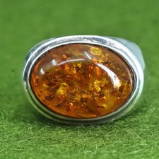 Size 7.75, Vintage sterling silver 925 handmade ring with oval Amber