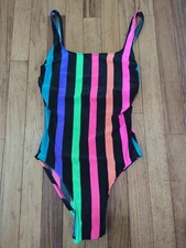 Vintage Nicole Wior Swimsuit 80s Neon Stripes Black One Piece Size 12 Made USA