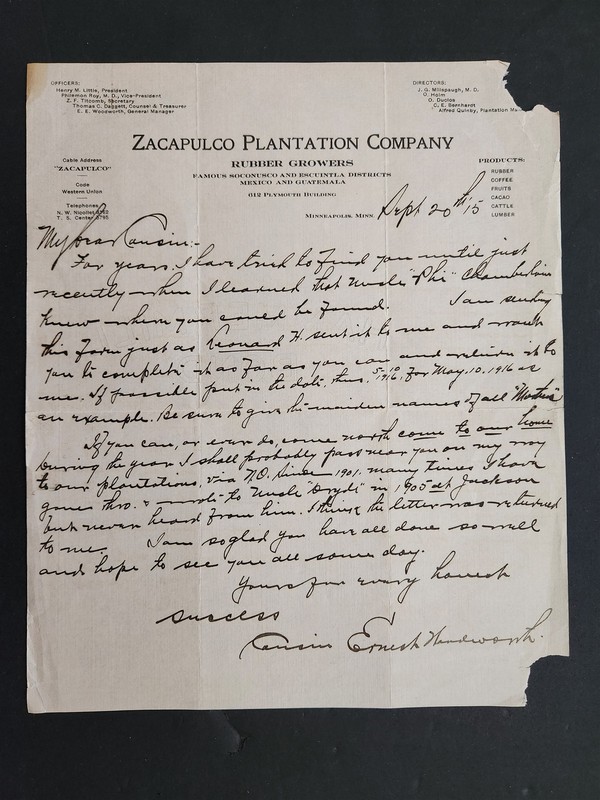 1915 antique ZACAPULCO PLANTATION COMPANY minneapolis mn LETTERHEAD rubber grow