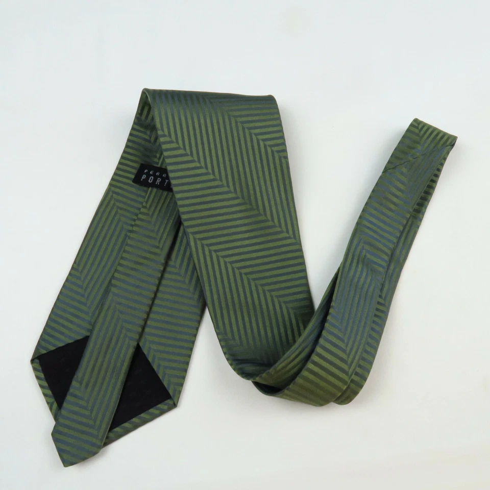 Gravata Perry Ellis Portfolio Masculina Verde Preta Zig Zag Listrada 57"x4" - Imagem 4 de 4