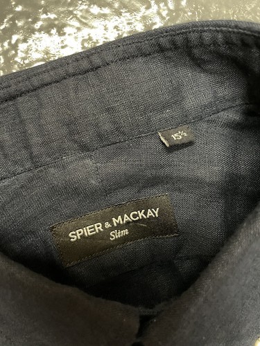 Spier & Mackey Linen Button Down Shirt Slim Fit Dark Navy 15.5 M - Picture 3 of 8