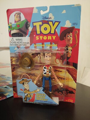 1995 TOY STORY Quick-Draw WOODY Action Figure DISNEY PIXAR Thinkway MOC Card Gd.