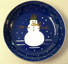 The Golden Rabbit II Blue Enamel Snowman Dish Winter Denise S. Harvey 1997