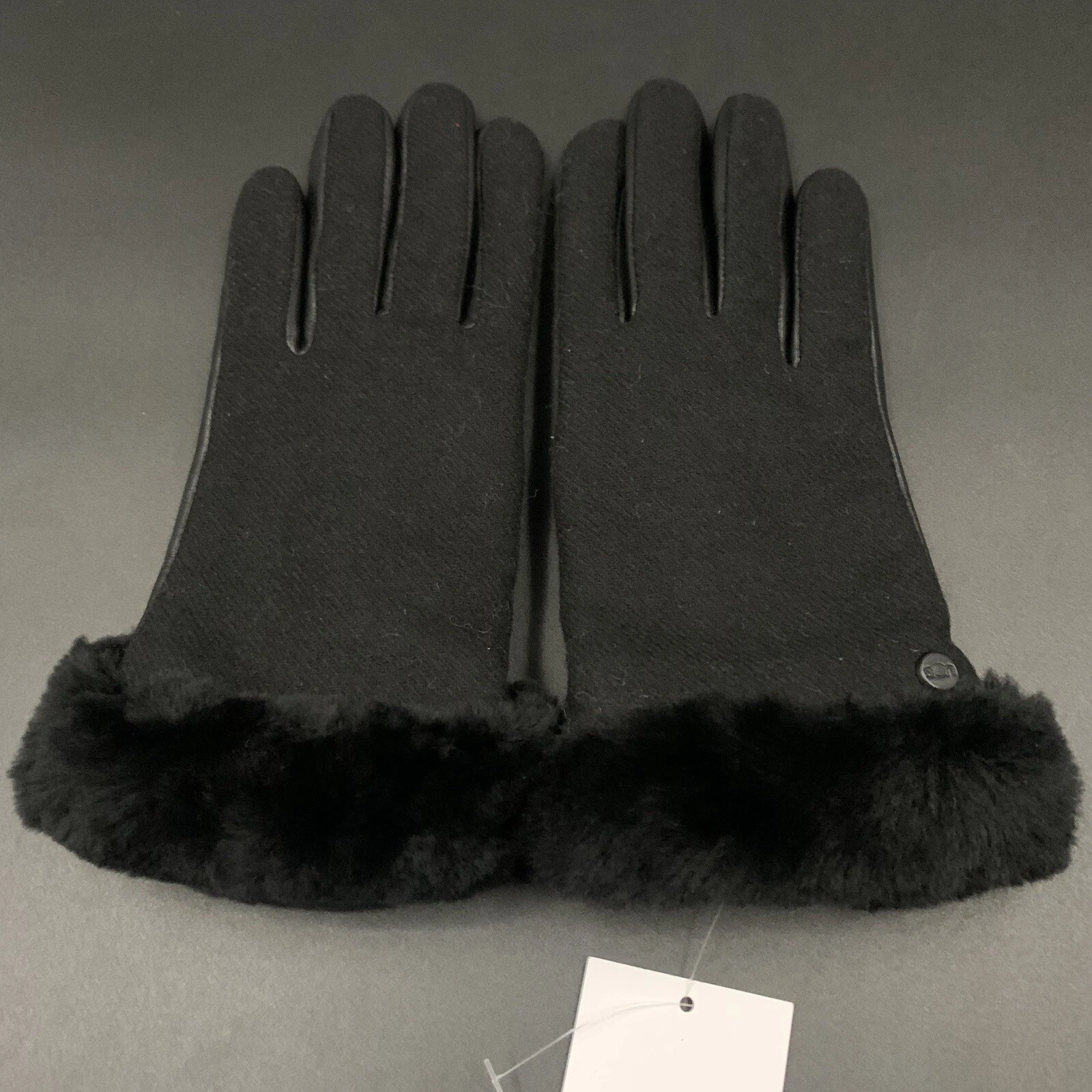 UGG FABRIC LEATHER SHORTY GLOVE WOMENS M WOOL FUR CUFF CONDUCTIVE ~ BLACK