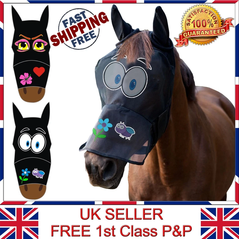 LTG Horse Cob Pony Fly Mask Net Veil Hood Full Face Cartoon Ears Nose Protection - Image 2 of 4