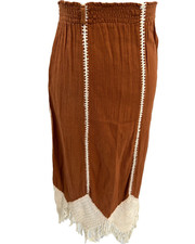 Vintage 70s Brown Cotton Hippie Skirt Ivory Crochet Fringe Womens Size Small