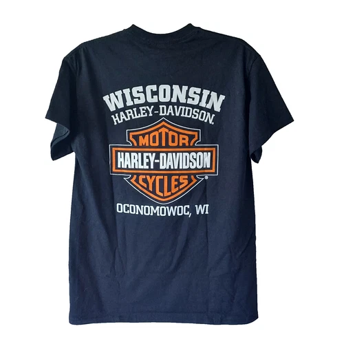 Harley Davidson Tee Shirt Mens Medium Black Wisconsin Oconomowoc Two Sided