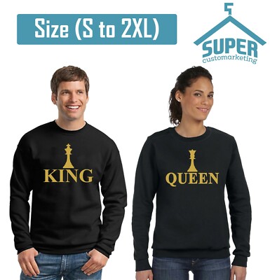 Hand Made King Queen CHESS Couple CREWNECK Sweatshirt GOLD Design Cartoon Funny