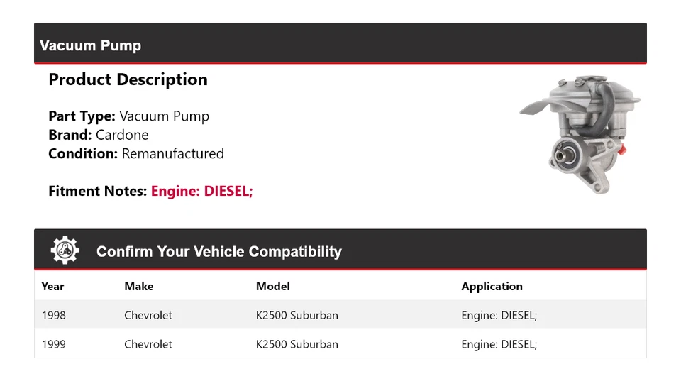 适用于 1998 - 1999 年雪佛兰 K2500 Suburban DIESEL 真空泵 Cardone — 第 2/4 张图片