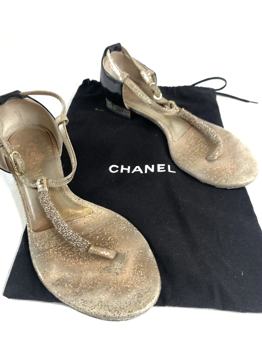 CHANEL Beaded Thong Sandals | Black & Gold Patent Leather | 38C