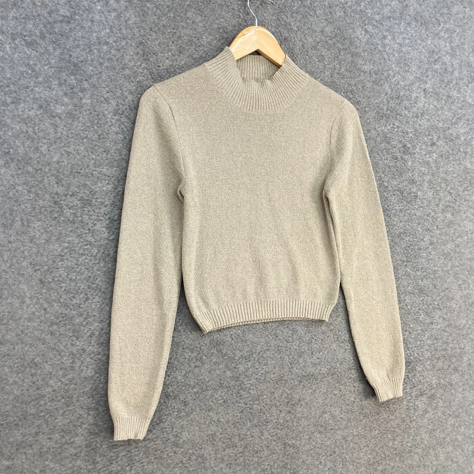 Top de algodón para mujer talla S pequeño beige tejido cuello alto corto manga larga 43611 Foto 2 de 4