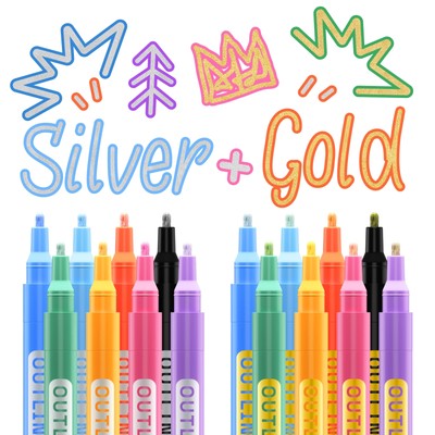 Outline Markers, 16 Outline Pens, 5 Cards, Gold and Silver Metallic Outline M...