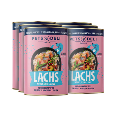 Pets Deli Getreidefreies Adult Nassfutter für Hunde mit Lachs 6 x 375g