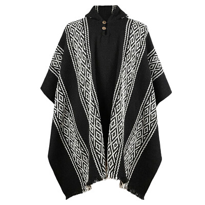LLAMA WOOL THICK HOODED PONCHO MENS WOMANS UNISEX PULLOVER SWEATER BLACK & WHITE