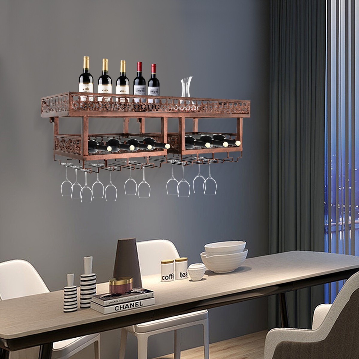 Wall Mounted Wine Racks 3-Tier Wall Mounted Wine Rack - Industrial Metal \u0026  Wood Wine Storage With Glass Holder 3-tier Wine Display, image size:1200x1200