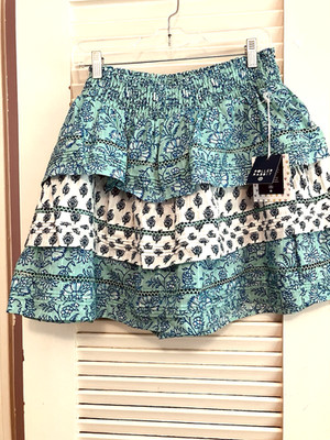 L) NWT ROLLER RABBIT Tiered Layered Cottagecore Mini Fleur de Lis Skirt BLUE
