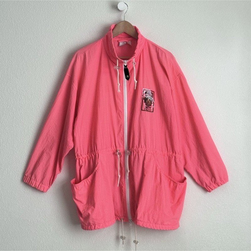 Vintage 90s Ocean Pacific Neon Pink Nylon Jacket Tribal Patch Surf Skate
