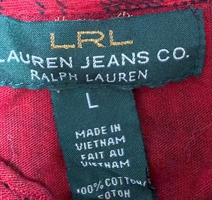 Lauren Ralph Lauren Buffalo Plaid Ruffle Shirt Top Button Long Sleeve Red Sz.L - Image 4 of 4