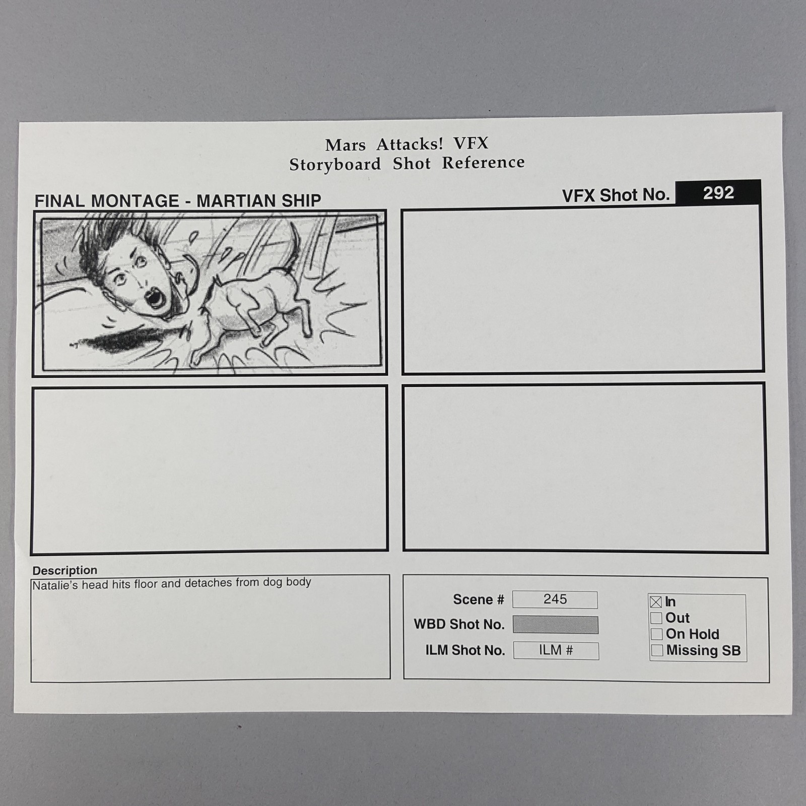 Mars Attacks! VFX Storyboard Nathalie's Head Detaches Martian Ship Movie Prop