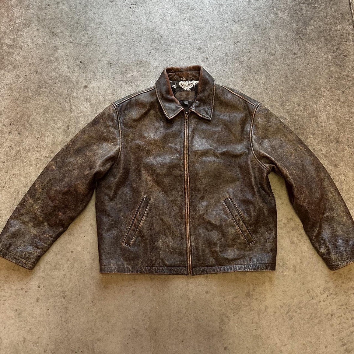 80s j. Crew Heavy 100% Brown Leather Bomber With Tattered Quilted Lining