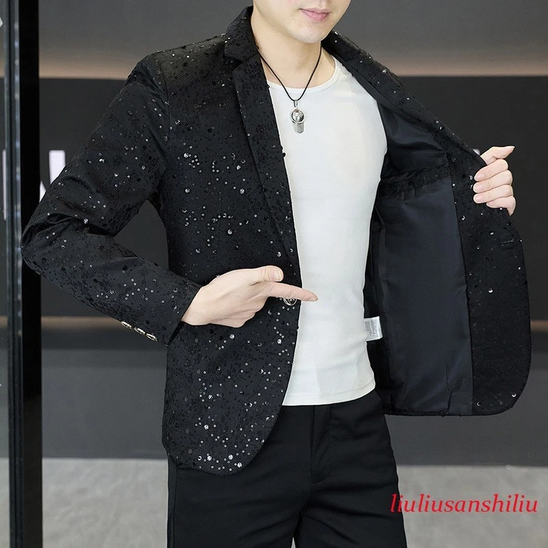 Sequins Mens Stage DJ One Button Suit Jacket Short Slim Fit Coat Lapel Collar Sz