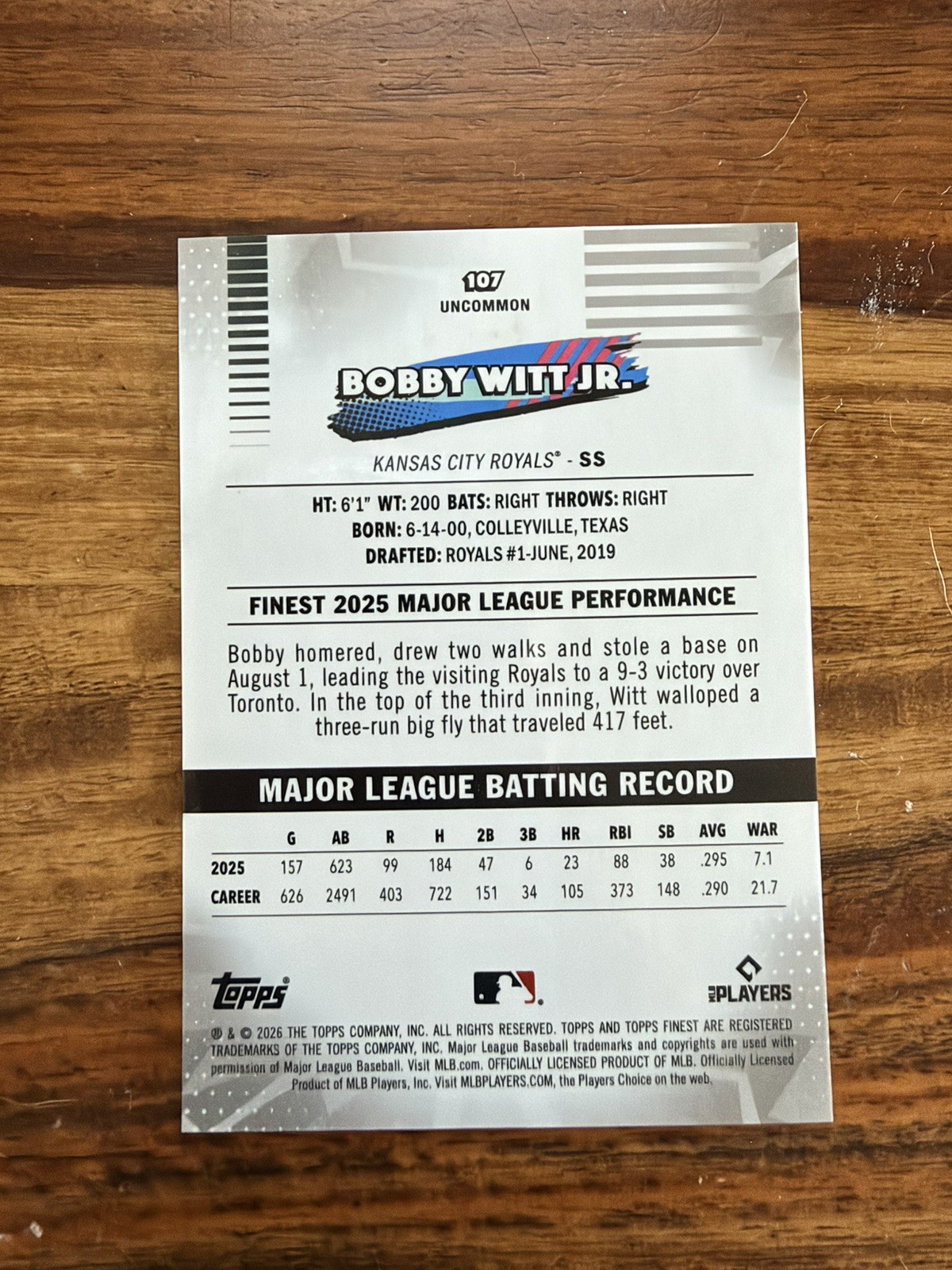 2026 Topps Finest Uncommon Bobby Witt Jr. #107 True Purple Refractor /75 Royals view 2