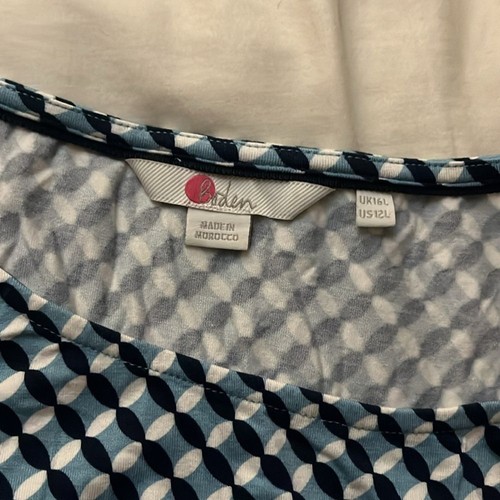 Boden Holly Jersey Knit Dress Size 12L Ruffle Hem Blue Geometric Print Belted - Picture 9 of 9