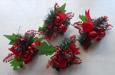 Lot 4 Artificial Christmas Holly Pine Pinecone Ornament Ribbon 6" Bouquets