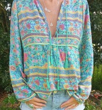 Spell & The Gypsy Blouse Top Size XXL Folk Town Floral Turquoise Green Boho