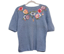 Vintage 90s Susan Bristol Sweater Large Floral Hand Embroidered Grandmacore Knit