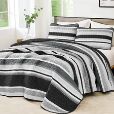 Queen Quilt Bedding Set, 3 Pieces Black Striped Bedspread Coverlet Set, Lightwei