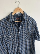 VTG Plaines Western Pearl Snap Shirt Plaid Cowboy Blue Mens Large Short Sleeve