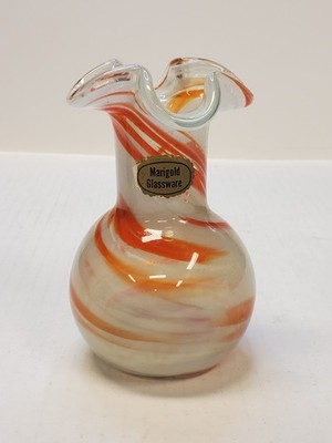 Marigold Glassware 6 Inch Orange And White Swirl Flower Vase Vintage