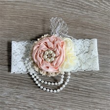 Lace baby headband with pink flower, pearls, White Pink Ivory accents