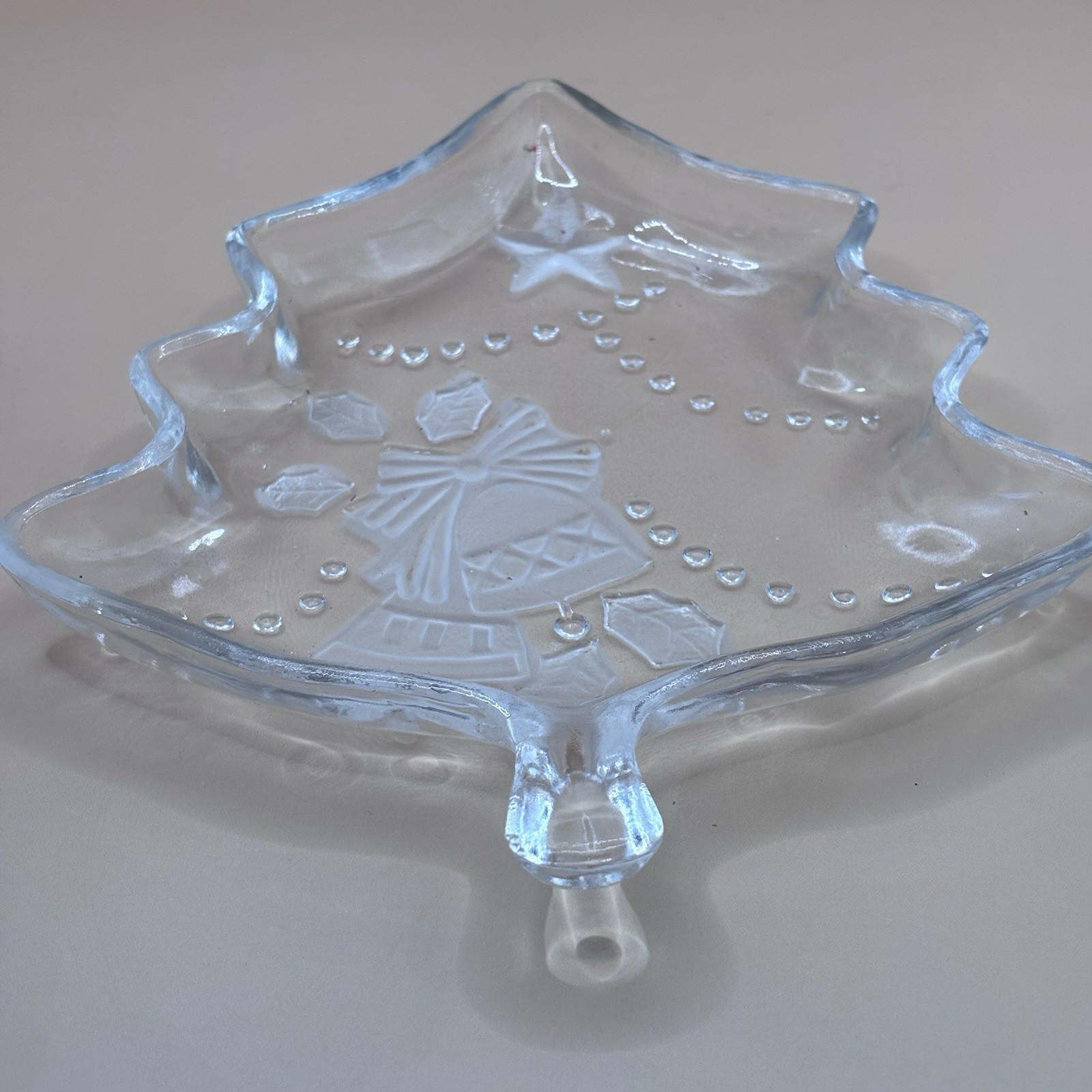Vintage Holiday Glass Tree Shaped Dish Frosted Christmas Bell Candy Plate Trinke
