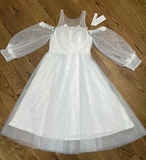 LECOYOYO White Tea Length Dress, Long Sleeve Gown, Size 8, Off-Shoulder