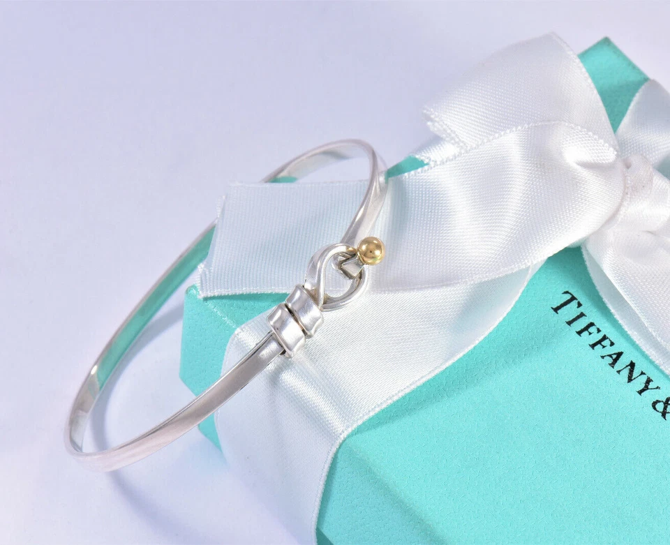 Tiffany & Co 18k Gold Silver Hook Eye Rope Bracelet in Pouch Rare Bangle Cuff - Image 4 of 4