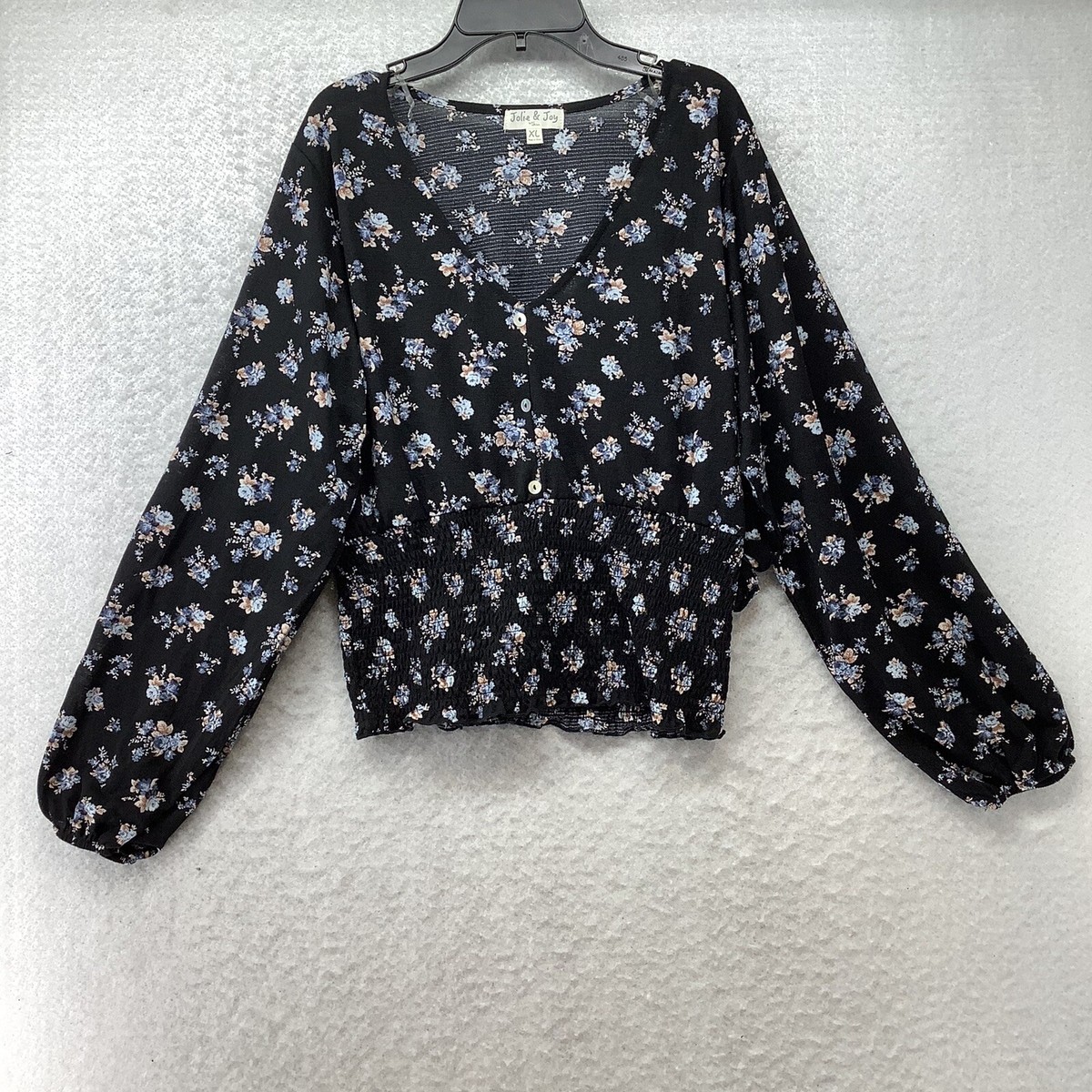 Jolie and Joy Women's Black Floral Long Sleeve Blouse Top Size