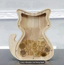 Wooden Cat-Animal Shaped Penny Bank with Clear Glass Lid Home Decor Gift