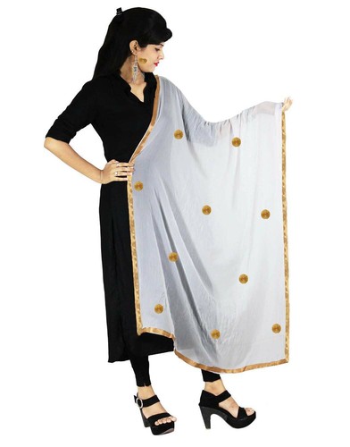 Scarf Dupatta Chunni Semi Chiffon Stole Hijab Golden Lace And Gota Flower Shawl - Picture 3 of 33